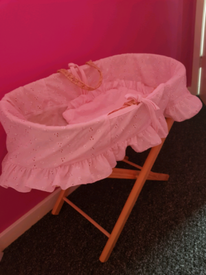 pink dolls moses basket with stand